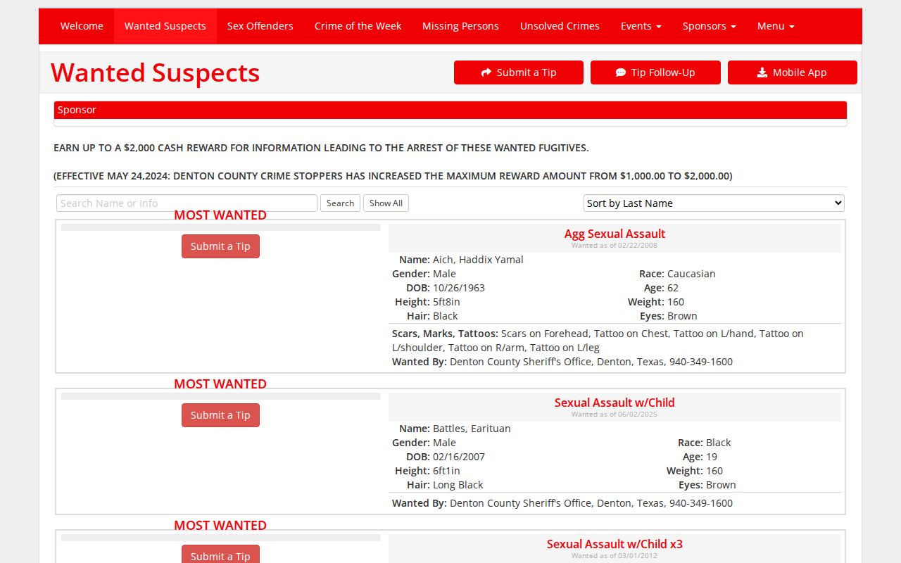 Denton County most wanted official listing interface